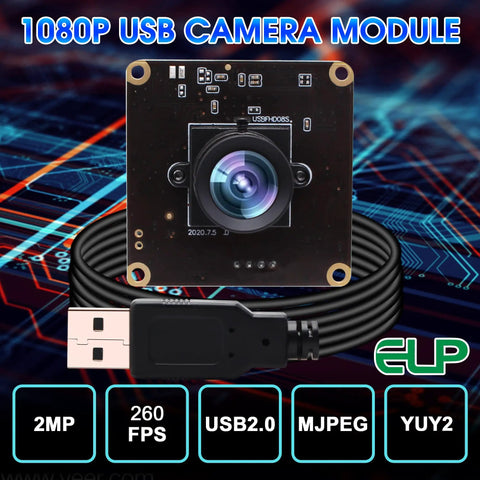 Dope 1080P USB2.0 Camera Module With 100 Degree Wide Angle No Distortion Lens, 2MP Embedded Webcam Board, cable on circuit board