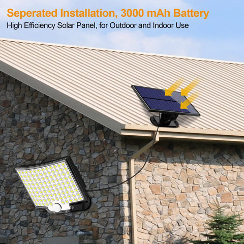 Outdoor Solar Flood Lights With Motion Sensor, 106 LED 3000LM, solar panel installation on rooftop, 16.5Ft Cable, IP65 waterproof