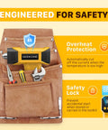 Cordless Mini Heat Gun Hot Air Gun With Variable Temperature 212 To 932 F in a tool pouch with safety features displayed