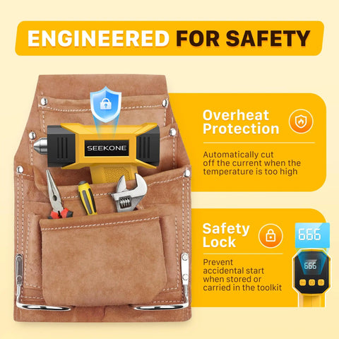 Cordless Mini Heat Gun Hot Air Gun With Variable Temperature 212 To 932 F in a tool pouch with safety features displayed