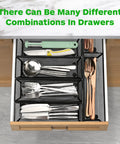 Slick Six Pack Silverware And Utensil Drawer Organizer With Non Slip Feet, Interlocking Kitchen Flatware Holder For Cutlery Spoons Pens, Heavy Duty Trays organizing various utensils in a drawer.