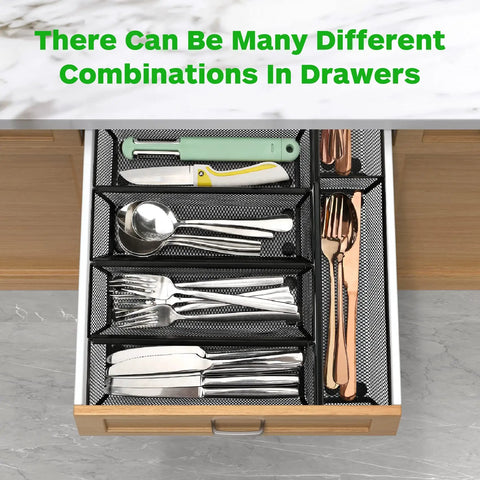 Slick Six Pack Silverware And Utensil Drawer Organizer With Non Slip Feet, Interlocking Kitchen Flatware Holder For Cutlery Spoons Pens, Heavy Duty Trays organizing various utensils in a drawer.
