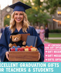 Graduate holding a gift box with teddy bear and presents, wearing cap and gown on campus. Text: Excellent graduation gifts.