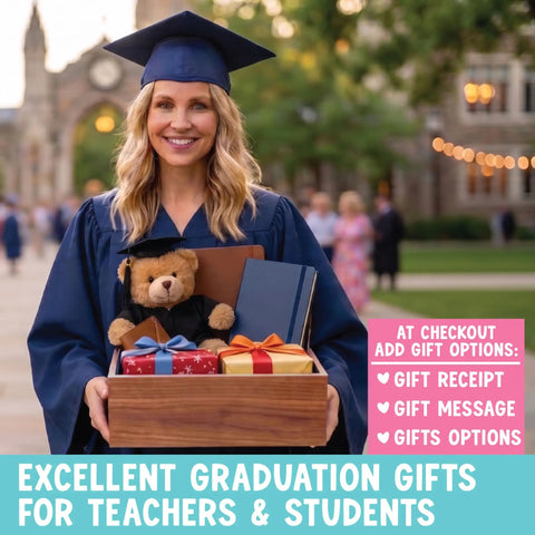 Graduate holding a gift box with teddy bear and presents, wearing cap and gown on campus. Text: Excellent graduation gifts.
