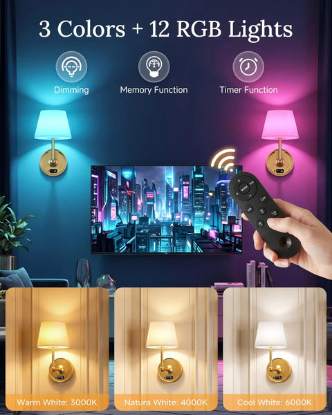 Battery Operated Wall Sconces Set of 2 with 12 RGB colors, showing different light temperatures and remote control for bedroom decor.