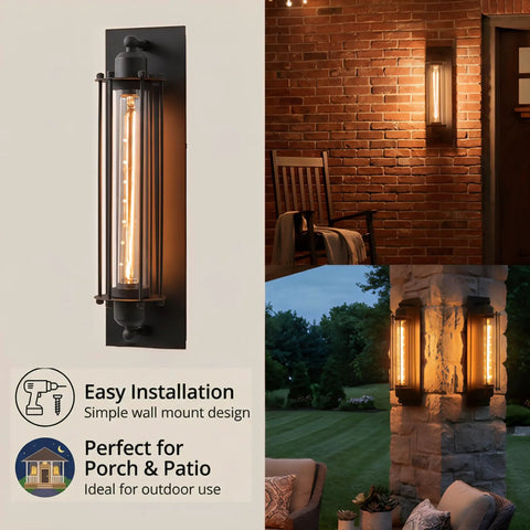 Industrial Outdoor Porch Wall Light Sconce Set Of 2 In Matte Black 18 Inch Vintage Exterior Lighting Fixture illuminated on wall