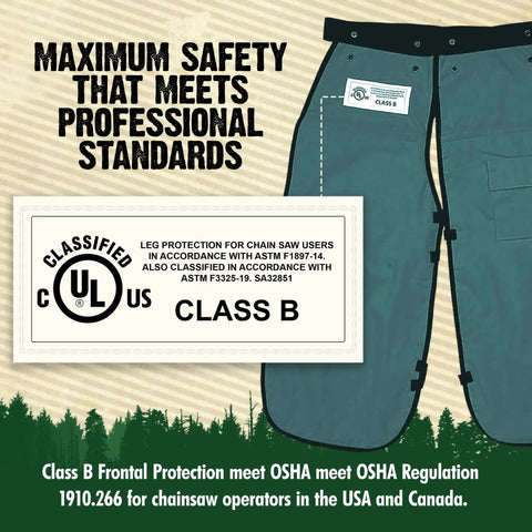 Apron Style Chainsaw Chaps for Men and Women with Pocket and Adjustable Waist Forest Green 37 Inch Pro Grade Chainsaw Safety Gear, Class B, UL marked