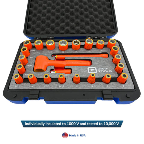 Pro Grade 25 Piece Quarter Inch Drive Insulated Socket And Attachment Set With SAE And Metric Sockets, Made In USA, in case