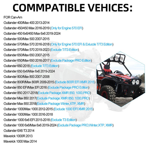 Compatibility list for 2 Pcs Rear Driveshaft U Joint Set For Outlander Renegade Commander Maverick Quest Traxter 400 450 500 570 650 800 850 1000 ATV U Joint Replacement Kit shown with ATV side view.