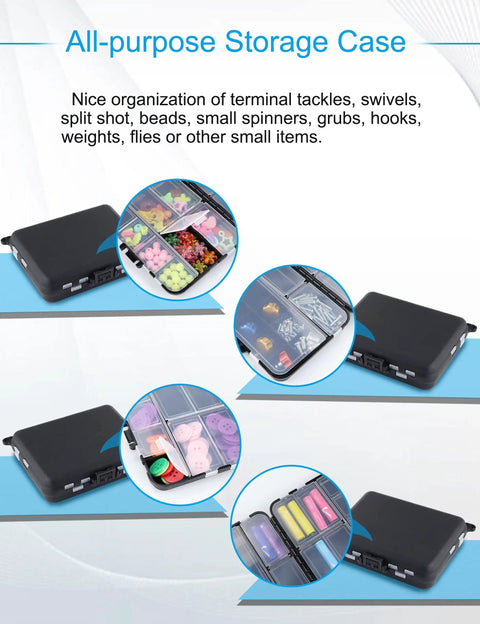 Mini Tackle Box Organizer 4 Pack Palm Sized Portable Plastic Fishing Storage Boxes with compartments for tackle supplies.