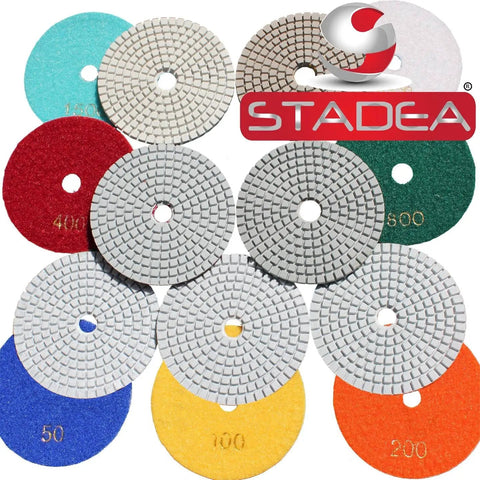 4 Inch Diamond Polishing Pads Wet Dry Set With 11 Diamond Pads And Backer Pad For Granite Concrete Marble Polishing Includes Grits 50 100 200 400 800 1500 3000 6000 And Water Feed Hole For Wet Polishing displayed in various colors.