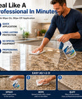 Man applying Hassle Free Spray Sealant That Locks Down Granite And Marble Countertops Against Daily Messes While Delivering Contractor Grade Stain Defense.