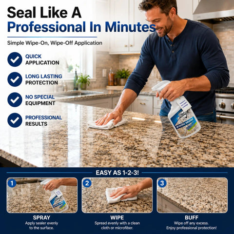 Man applying Hassle Free Spray Sealant That Locks Down Granite And Marble Countertops Against Daily Messes While Delivering Contractor Grade Stain Defense.
