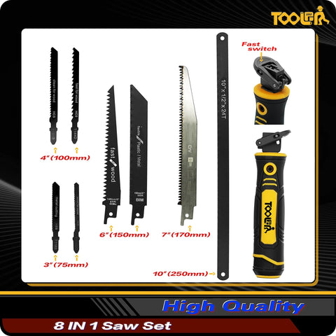 TOOLAN 8-in-1 multi-blade hand saw set with black-yellow handle and drywall/wood/metal blades