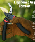 Gardener holding 8 Inch Pruning Shears For Garden Use With Titanium Blade, ergonomic non-slip handles, and safe locking mechanism.