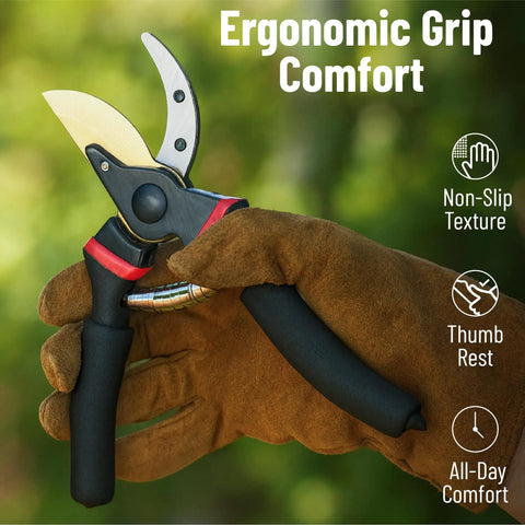 Gardener holding 8 Inch Pruning Shears For Garden Use With Titanium Blade, ergonomic non-slip handles, and safe locking mechanism.