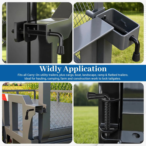 Heavy Duty 819T Trailer Gate Spring Pin Latch Kit Black Two Pack, shown installed for secure tailgate locking in utility trailer.