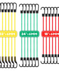 18 Piece Adjustable Bungee Cord Set With Wide Hook Openings For Vehicle Tie Downs Includes Six 32 Inch Yellow Cords Six 24 Inch Green Cords And Six 18 Inch Red Cords Color Coded For Easy Securement, showing different sizes.