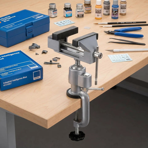 3 Inch Table Vise With Swivel And 360 Degree Tilt attached to a workbench, surrounded by model painting tools and supplies.