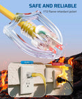 Close-up of LED lit plug on Heavy Duty 24 Inch 12 Gauge Indoor Tri Tap Extension Cord Pack Of 3 with fire-retardant jacket.