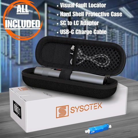 Sysotek Visual Fault Locator fiber optic VFL pen in black protective case with USB-C charger and LC adapter.
