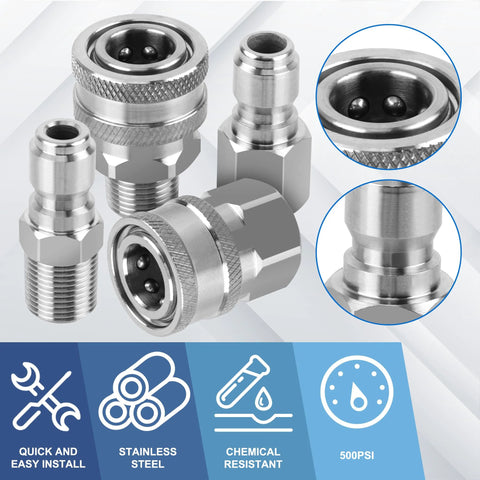 Front view of eight stainless steel 3/8 in quick-connect hose fittings (male and female NPT) for pressure washers.