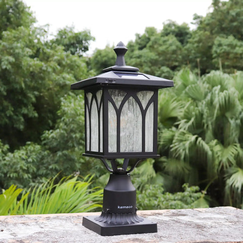 Solar Post Light Outdoor Cast Aluminum LED Lamp Fixture With 3 Inch Fitter Base for yard, garden poles, gates, and driveways.