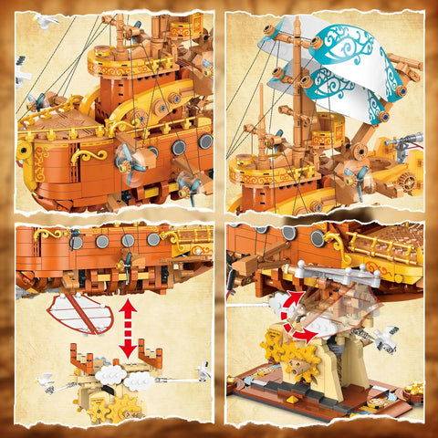 Close-up of Massive 1864 Piece Fantasy Steampunk Spaceship Building Set For Adults showing intricate details of the model.