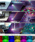 Disco Ball RGB LED Party Light With Remote Control, Sound Activated Stage Strobe showing colorful lights in various settings