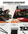 Heavy Duty Tailgate Cargo Net For Tesla Cybertruck shown securing a motorcycle and kayaks with adjustable straps and buckles.