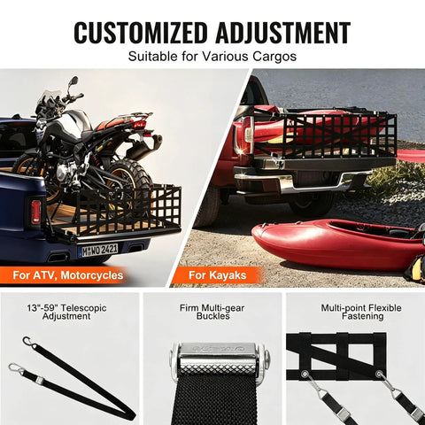 Heavy Duty Tailgate Cargo Net For Tesla Cybertruck shown securing a motorcycle and kayaks with adjustable straps and buckles.