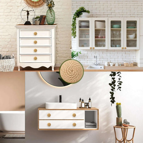 Chill Cozy Boho Rustic Jute Rope Cabinet Knobs on dresser, kitchen cabinets, and bathroom vanity, 32mm set of six.
