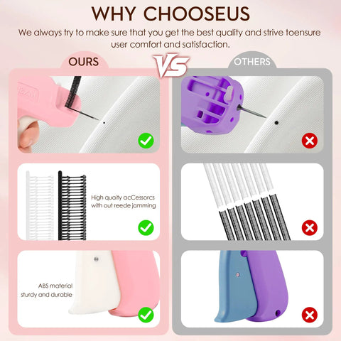 Comparison of two handheld stitch guns highlighting features of the Clothing Hemming Tool That Feels Like A Pro Handheld Stitch Gun Quick Fixer For Pants Skirts Dresses And Sleeves No Sew Needed Tagging Gun Style Comes With 6 Needles Plus 1500 Black And 1500 White Fasteners.