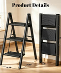 3 Step Aluminum Folding Ladder With Wide Anti Slip Pedals, Lightweight Portable Step Stool For Home, Garage, And Workshop, Rubber Feet For Floor Protection, Stable, Safe, And Easy To Store, black 3-step folding ladder with dimensions shown