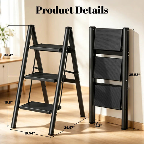 3 Step Aluminum Folding Ladder With Wide Anti Slip Pedals, Lightweight Portable Step Stool For Home, Garage, And Workshop, Rubber Feet For Floor Protection, Stable, Safe, And Easy To Store, black 3-step folding ladder with dimensions shown