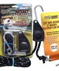 Three Eighth Inch Rope Tie Down Kit With 250 Lb Capacity Heavy Duty Block And Tackle Pulley System packaging