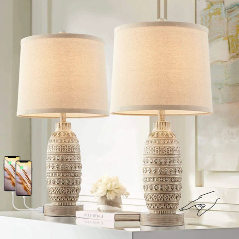 Rustic Dual USB Table Lamps Set Of 2 For Bedroom And Living Room 3 Way Dimmable Nightstand Lamps With Linen Fabric Shades Built In USB Ports