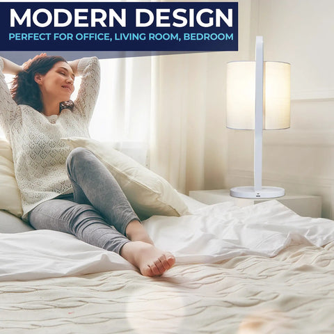 Woman relaxing near Dope Modern Vertical Lamp With Qi Wireless Charger And Emergency Battery Backup for home use.