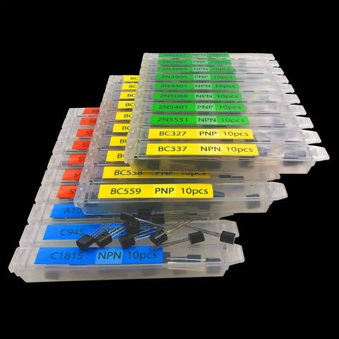 Assorted TO92 Transistors Kit 300 Pcs With 30 Models NPN PNP in labeled compartments on black background