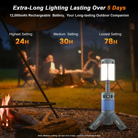 Rechargeable Telescopic Camping Lantern with Stand and Magnetic Base 12000mAh Power Bank RGB Lighting at campsite, glowing in night