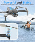 4K Camera Drone For Adults And Teens, FPV Foldable Quadcopter in flight over lake, highlighting brushless motors, with kayaker in view.