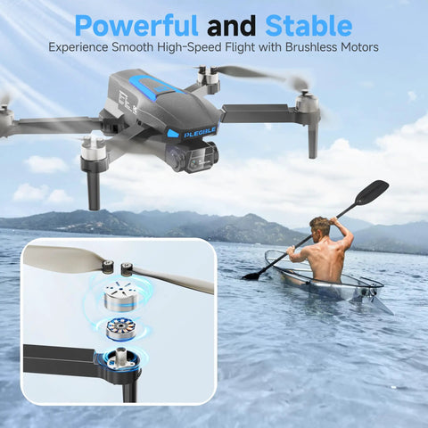 4K Camera Drone For Adults And Teens, FPV Foldable Quadcopter in flight over lake, highlighting brushless motors, with kayaker in view.