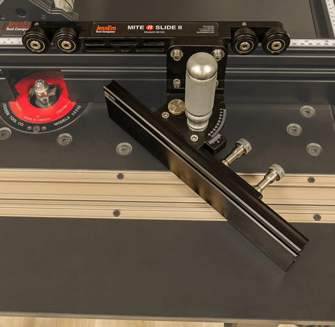 Miter Slide II Precision Miter Slot Accessory for Woodworking Router Tables With Dual Aluminum Tracks mounted on a table