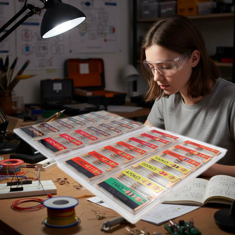 One Quarter Watt Carbon Resistor Assortment Kit, 560 Pieces, 28 Values, neatly organized on a table with a person prototyping