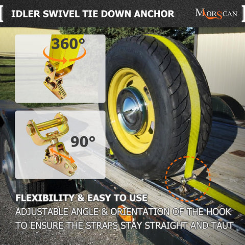 4 Pack E-Track Roller Idler Fittings For Heavy Duty Swivel Tie Down Anchors securing wheel with ratchet strap on trailer
