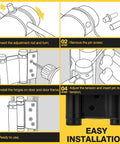 Workhorse 3 Inch Double Action Door Hinges Matte Black installation guide showing adjustment and mounting steps.