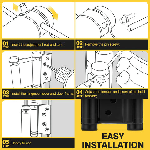Workhorse 3 Inch Double Action Door Hinges Matte Black installation guide showing adjustment and mounting steps.