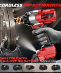 Badass Cordless Impact Wrench For Fast Car Tire Fixes Featuring Knockout Torque And Slick Four Speed Modes With Bright Built In Work Light Bare Tool Compatible With Milwaukee 18V Batteries working on a vehicle wheel.