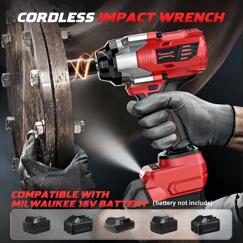 Badass Cordless Impact Wrench For Fast Car Tire Fixes Featuring Knockout Torque And Slick Four Speed Modes With Bright Built In Work Light Bare Tool Compatible With Milwaukee 18V Batteries working on a vehicle wheel.