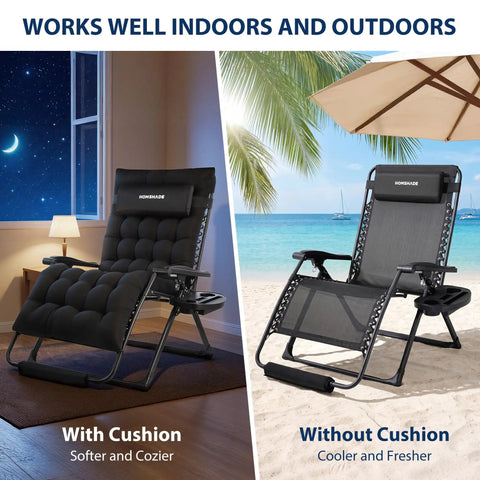 Oversized Zero Gravity Lounge Chair 33 Inch XXL Outdoor Recliner with removable cushion, indoor and outdoor setup, black